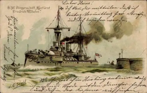 Künstler Litho Siehl, Deutsches Kriegsschiff, SMS Kurfürst Friedrich Wilhelm, Panzerschiff