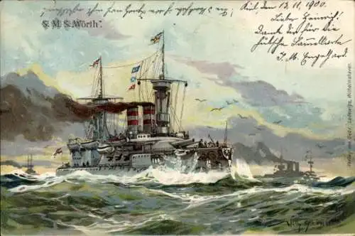 Präge Künstler Litho Stöwer, Willy, Deutsches Kriegsschiff, SMS Wörth