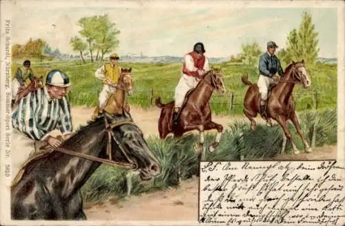Litho Springreiten, Männer zu Pferden, Jockey, Hürden