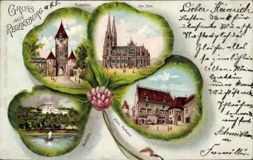 Litho Regensburg an der Donau Oberpfalz, Ostentor, Dom, Walhalla, Altes Rathaus