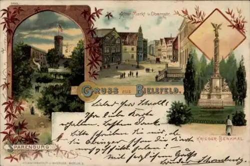 Litho Bielefeld in Nordrhein Westfalen, Sparenburg, Kriegerdenkmal, Alter Markt, Obernstraße