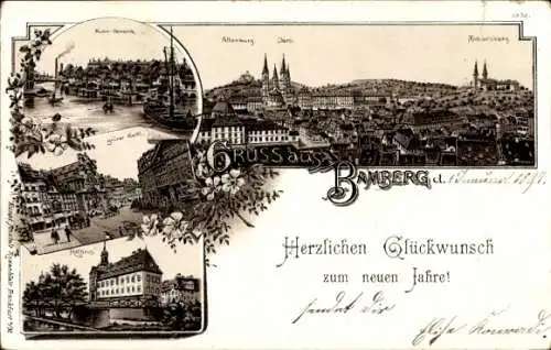 Litho Bamberg in Oberfranken, Glückwunsch Neujahr, Rathaus, Michaelsberg, Grüner Markt