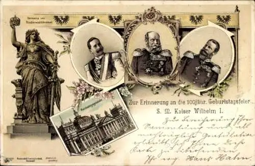 Litho 100jh. Geburtstagsfeier 1897, Kaiser Wilhelm I., Friedrich III., Wilhelm II.