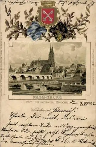 Präge Wappen Litho Regensburg an der Donau Oberpfalz, Gesamtansicht, Steinerne Brücke