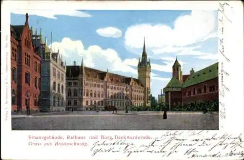 Ak Braunschweig in Niedersachsen, Finanzgebäude, Rathaus, Burg Dankwarderode