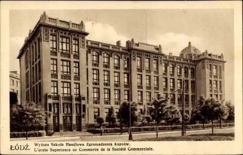 Ak Lodz Lodsch Polen, Handelsschule