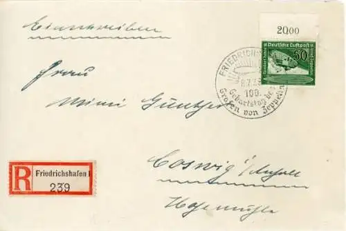 Brief mit Sonderstempel Friedrichshafen, 100. Geburtstag des Grafen von Zeppelin