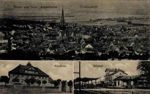 Ak Gau Algesheim am Rhein, Totalansicht, Bahnhof, Gleisseite, Schule
