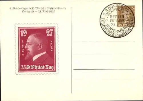 Ganzsachen Ak 4. Bundestag u. 33. Dt. Philatelistentag 1927, S. Ascher, GS DR PP 97 C2 01