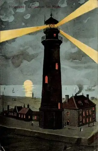 Ak Nordseeinsel Helgoland, Leuchtturm bei Nacht