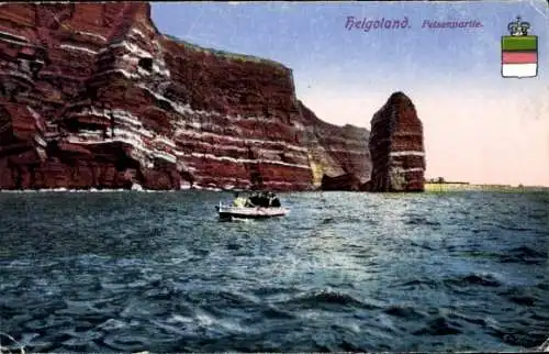 Ak Nordseeinsel Helgoland, Steilküste, Felsen, Ruderboot, Wappen