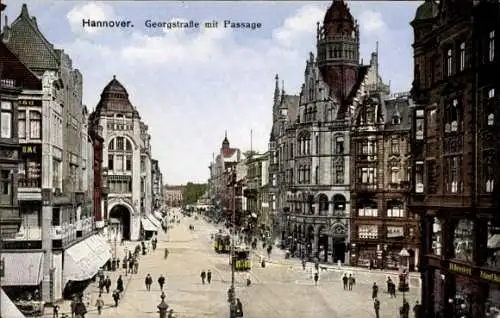 Ak Hannover in Niedersachsen, Georgstraße, Passage, Straßenbahnen