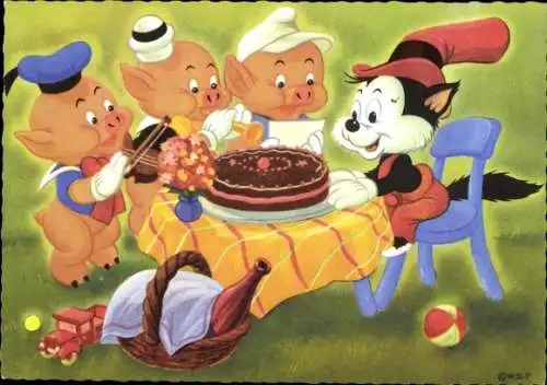 Künstler Ak Walt Disney, Die drei kleinen Schweinchen, Wölfchen, Geburtstagskuchen