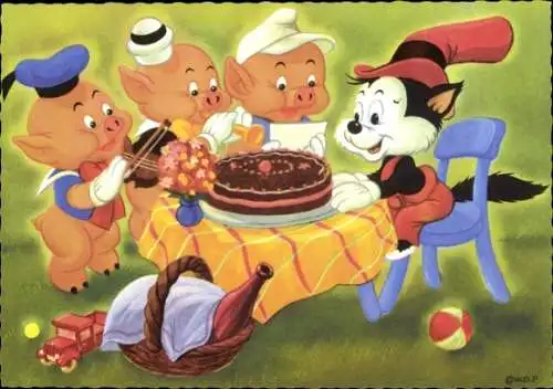 Künstler Ak Walt Disney, Die drei kleinen Schweinchen, Wölfchen, Geburtstagskuchen