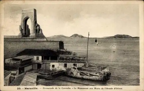 Ak Marseille Bouches du Rhône, Promenade de la Corniche, Kriegsdenkmal