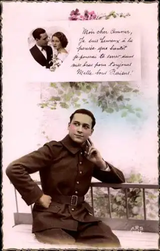Ak Französischer Soldat in Uniform, Soldatenliebe, Liebespaar