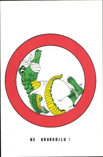 Künstler Ak Gefesseltes vermenschlichtes Krokodil im Badeanzug, Esperanto