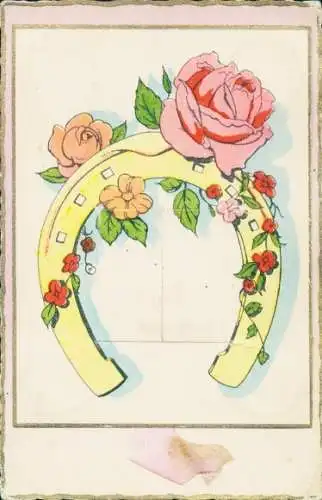 Mechanische Stoff Ak Hufeisen, Rose, Liebespaar