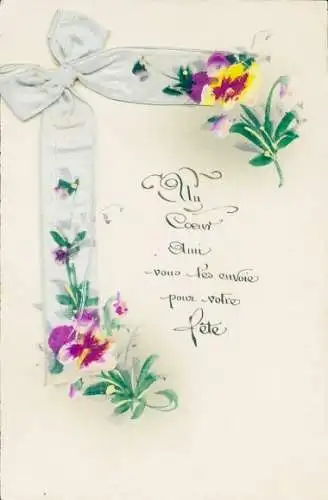 Stoff Ak Blumen, Stiefmütterchen, Stoffschleife