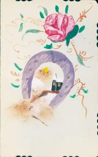 Handgemalt Ak Hufeisen, Rose, Kirche, Sonne