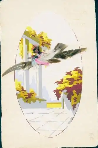 Stoff Ak Vogel, Echte Federn, Blumen