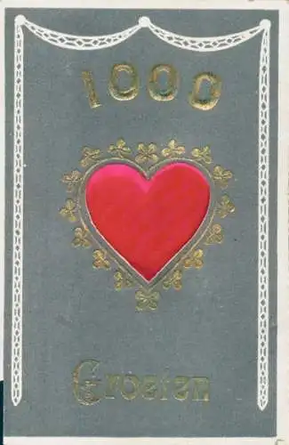 Stoff Ak Kitsch, Herz, Glücksklee, Tausend Grüße