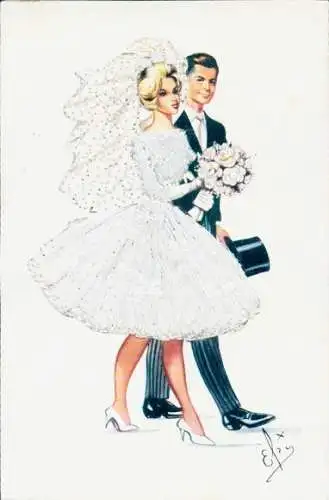 Seidenstick Künstler Ak Spanische Tracht, Brautpaar, Blumenstrauß