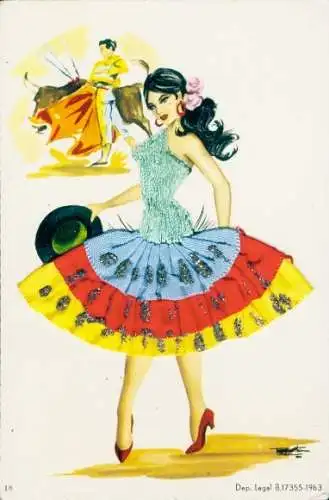 Seidenstick Glitzer Ak Spanische Tracht, Tänzerin, Torero