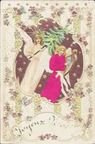 Präge Stoff Litho Glückwunsch Weihnachten, Engel, Tannenbaum, Blumen