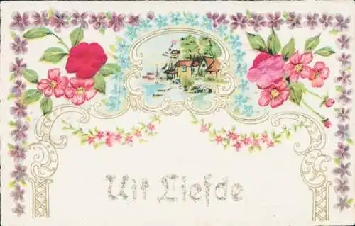 Präge Stoff Litho Blumen, Veilchen, Kitsch