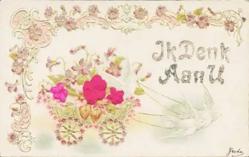 Präge Stoff Litho Karren, Blumen, Veilchen, Tauben