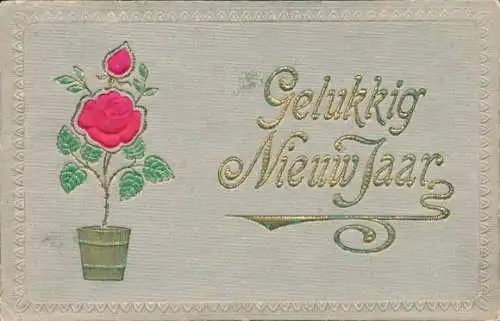 Präge Stoff Ak Glückwunsch Neujahr, Rose im Blumentopf