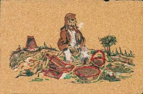 Leder Ak Mann in italienischer Tracht, Körbe, Pfeife