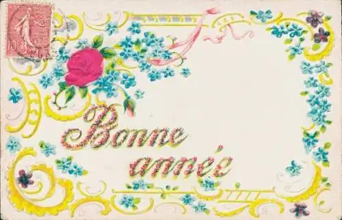 Präge Stoff Ak Glückwunsch Neujahr, Blumen, Vergissmeinnicht, Rose