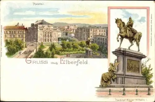 Litho Elberfeld Wuppertal, Denkmal Kaiser Wilhelm I, Theater