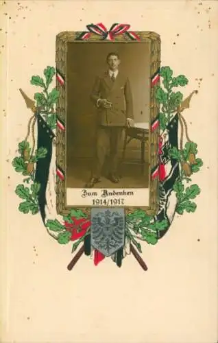 Ak Rauchender Mann, Portrait in Anzug, Wappen, Fahne, Kaiserreich