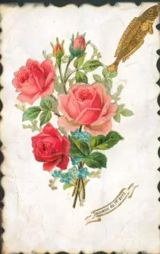 Ak Glückwunsch 1. April, Fisch, Blumenstrauß, Rosen
