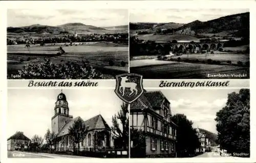 Wappen Ak Zierenberg in Hessen, Gesamtansicht, Eisenbahn Viadukt, am alten Stadttor, Kirche