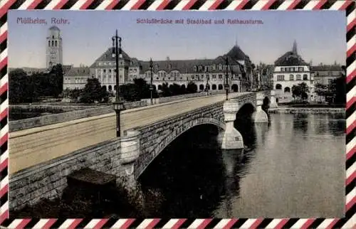 Ak Mülheim an der Ruhr, Schlossbrücke, Stadtbad, Rathausturm