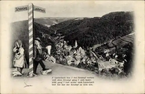 Ak Lauterbach Schwarzwald, Blick auf die Stadt vom Berg aus, Wegweiser