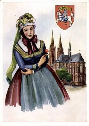 Wappen Ak Marburg an der Lahn, Frau in Tracht, Kirche