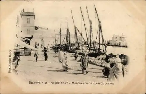 Ak Bizerte Tunesien, Hafen, Gargoulettes-Händler