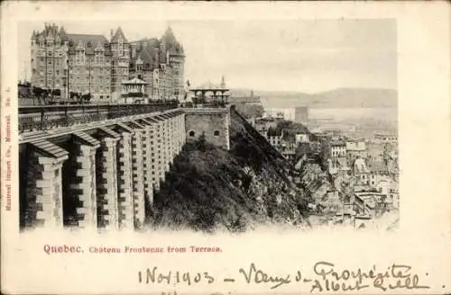 Ak Quebec Kanada, Chateau Frontenac von der Terrasse