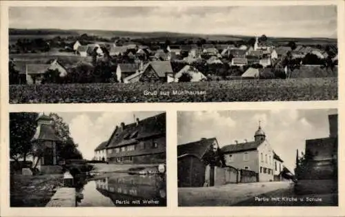 Ak Mühlhausen im Kraichgau Baden, Weiher, Kirche, Schule, Gesamtansicht