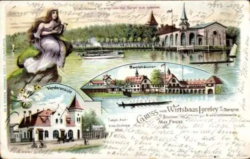 Litho Berlin Treptow Niederschöneweide, Wirtshaus Loreley, Bootshäuser, Spree