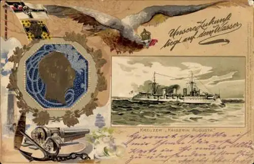 Präge Passepartout Litho Deutsches Kriegsschiff, SMS Kaiserin Augusta, Kaiser Wilhelm II.