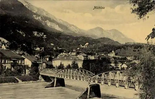 Ak Mühlau in Tirol, Gesamtansicht, Brücke
