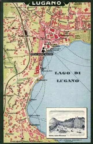 Stadtplan Ak Lugano Kanton Tessin Schweiz, Hotel Walter