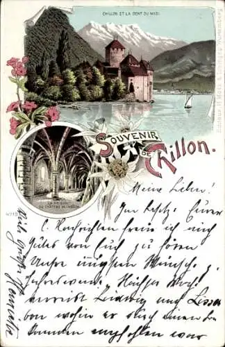 Litho Chillon Montreux Kanton Waadt, Chateau de Chillon et la Dents du Midill