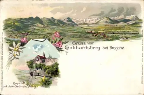 Litho Bregenz in Vorarlberg, Gesamtansicht, Gebhardsberg, Kapelle
